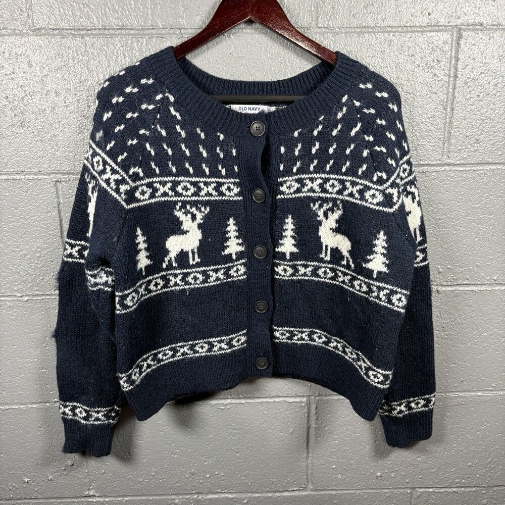 Old Navy Fair Isle Cardigan Sweater Womens L Reindeer Nordic Winter Cozy